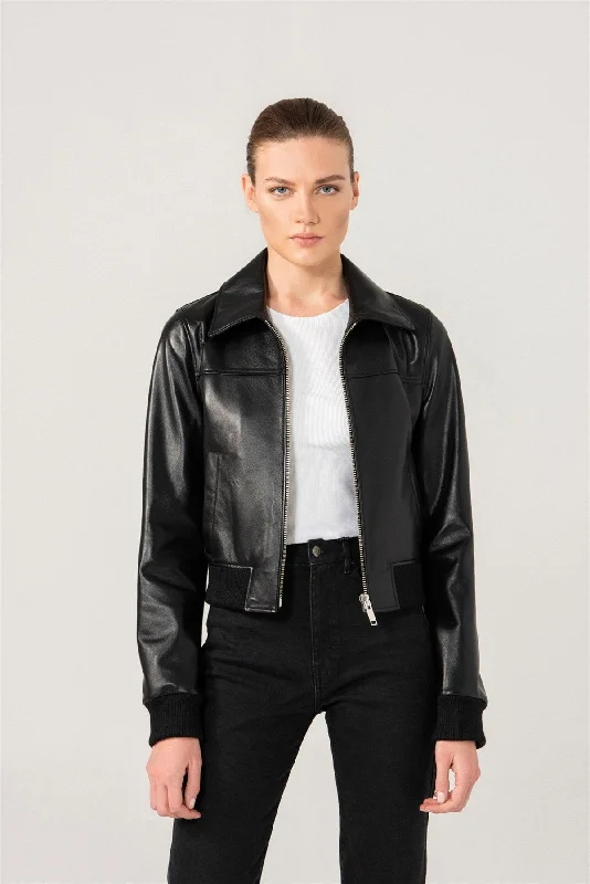 Womens Shiny Black Biker Leather Jacket