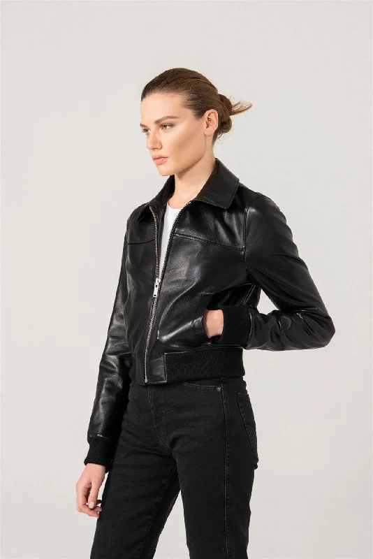 Womens Shiny Black Biker Leather Jacket