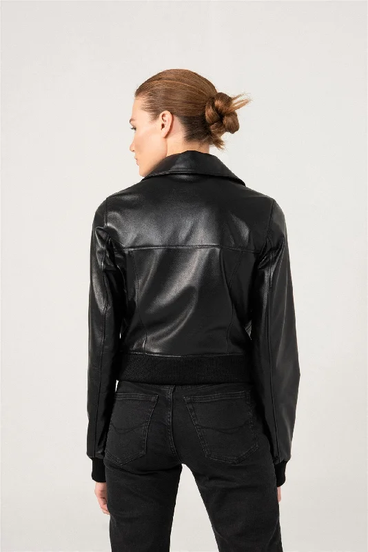 Womens Shiny Black Biker Leather Jacket