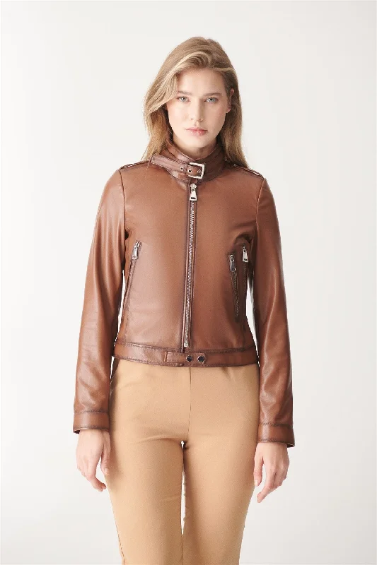 Womens Slimfit Brown Biker Leather Jacket