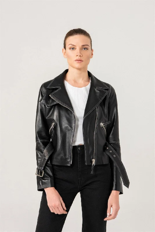 Womens White Stitched Black Biker Leather Jacket