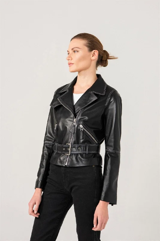 Womens White Stitched Black Biker Leather Jacket