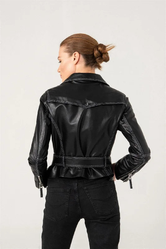 Womens White Stitched Black Biker Leather Jacket