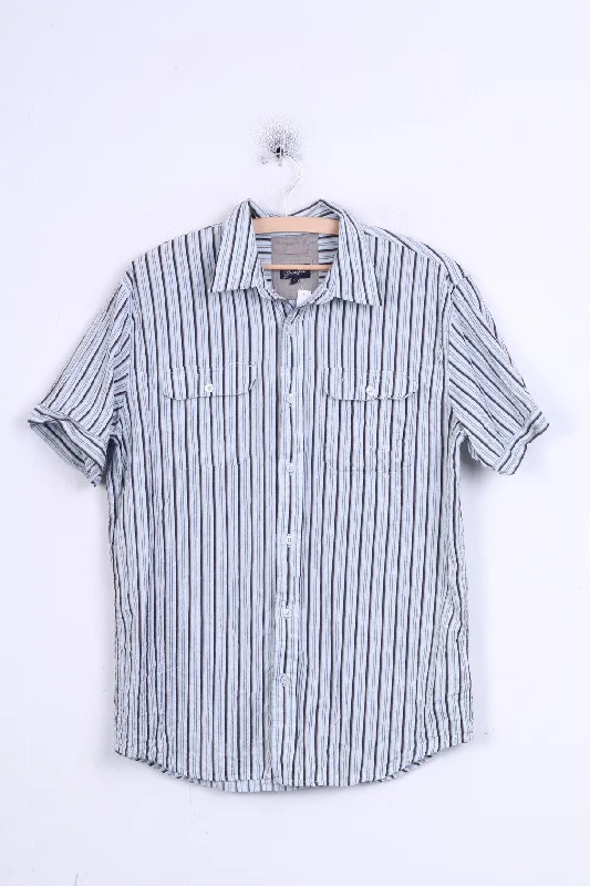 Wrangler Mens M Casual Shirt Short Sleeve Blue Striped Cotton Standard Collar