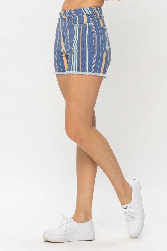 FINAL SALE Judy Blue Skylar Striped High Waist Frayed Hem Shorts