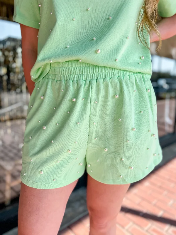 Pearl Embellished  Shorts-Apple Green